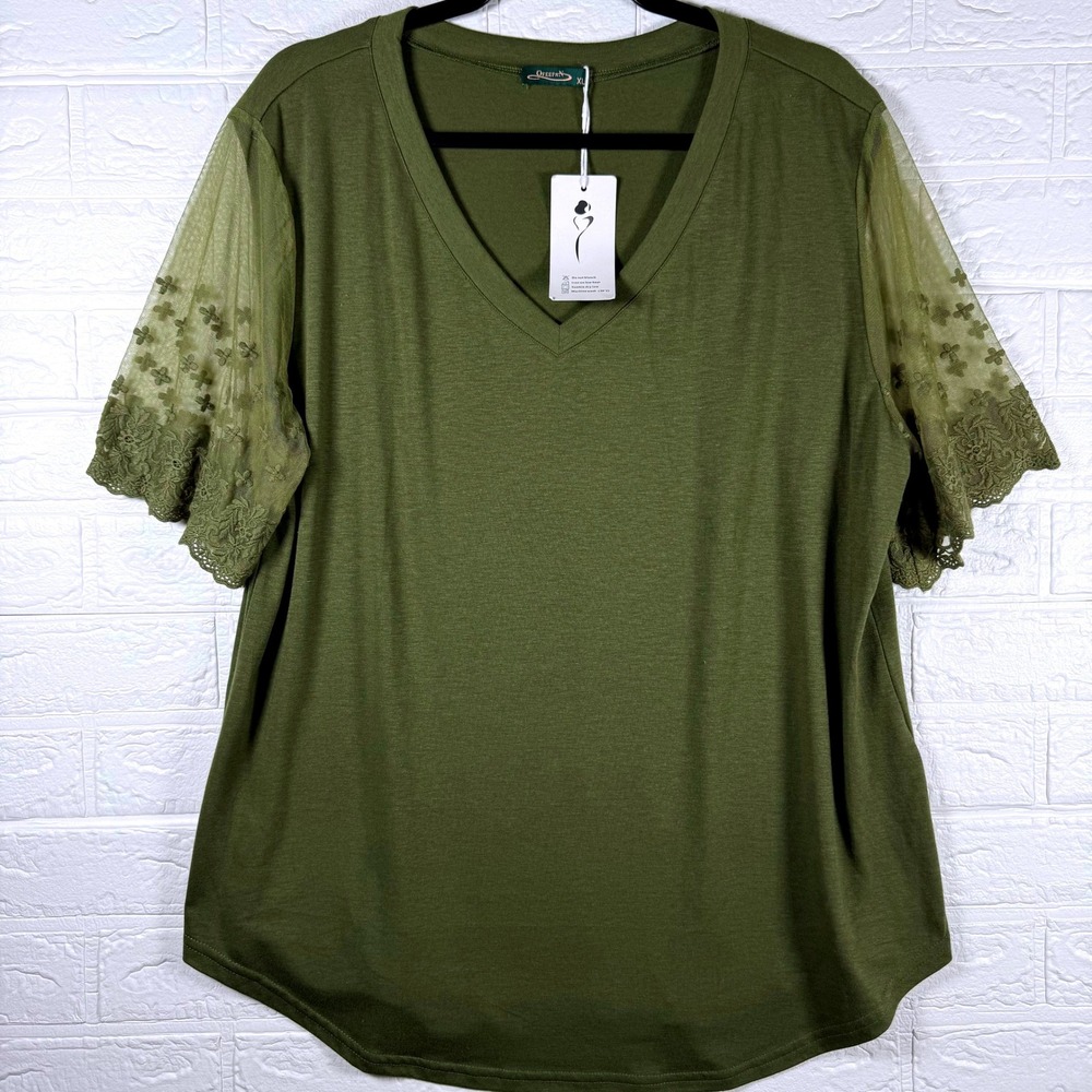 Ofeefan Top Women XL Green Lace Mesh Short Sleeve V-Neck Casual Blouse